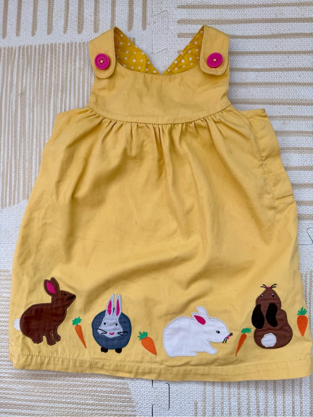 Baby Boden Yellow Bunny Appliqué Jumper with Pink Button Straps